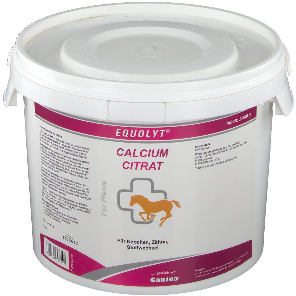 Weißer Eimer mit Deckel. Aufschrift: EQUOLYT Calcium Citrat. Logo: Pferd. Text: Für Knochen, Zähne, Stoffwechsel. Marke: Canina.