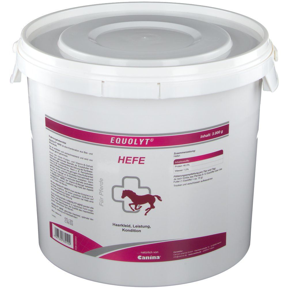 Weißer Eimer mit Deckel. Aufschrift: EQUOLYT Hefe, Logo mit Pferd. Text: Für Pferde. Marke: Canina. Inhalt: 3.000 g.