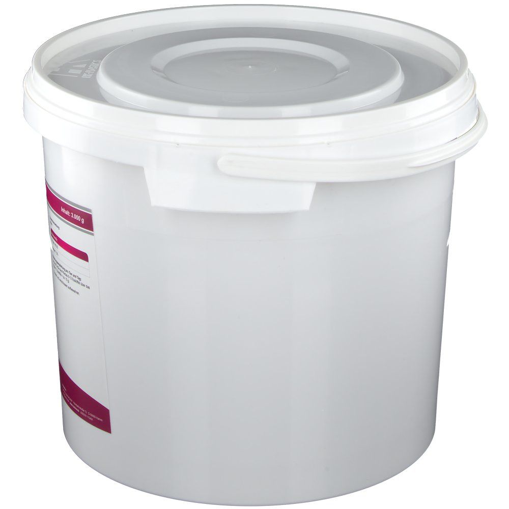 Weißer Eimer mit Deckel und Griff. Aufschrift und Etikett auf der Seite. Inhalt: 3.000 g.