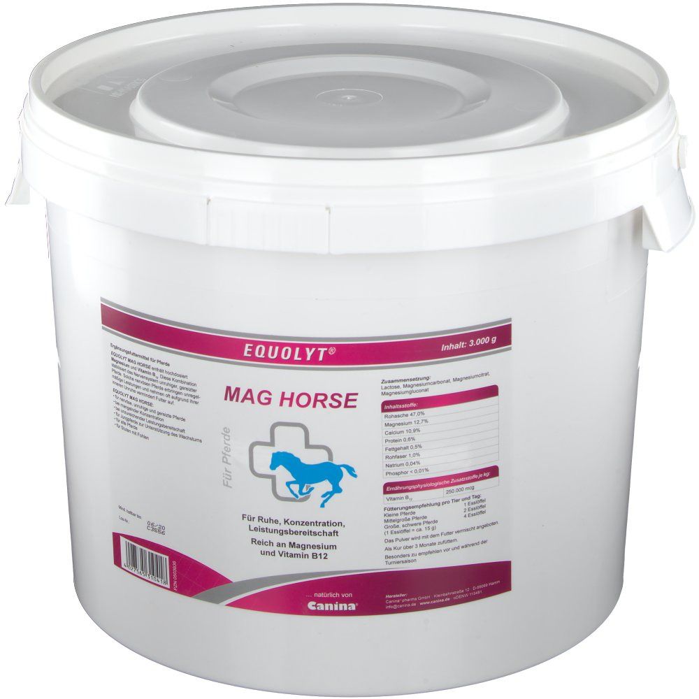 Weißer Eimer mit Deckel. Aufschrift: Equolyt Mag Horse, Logo Pferd. Enthält Magnesium und Vitamin B12. Hersteller: Canina.