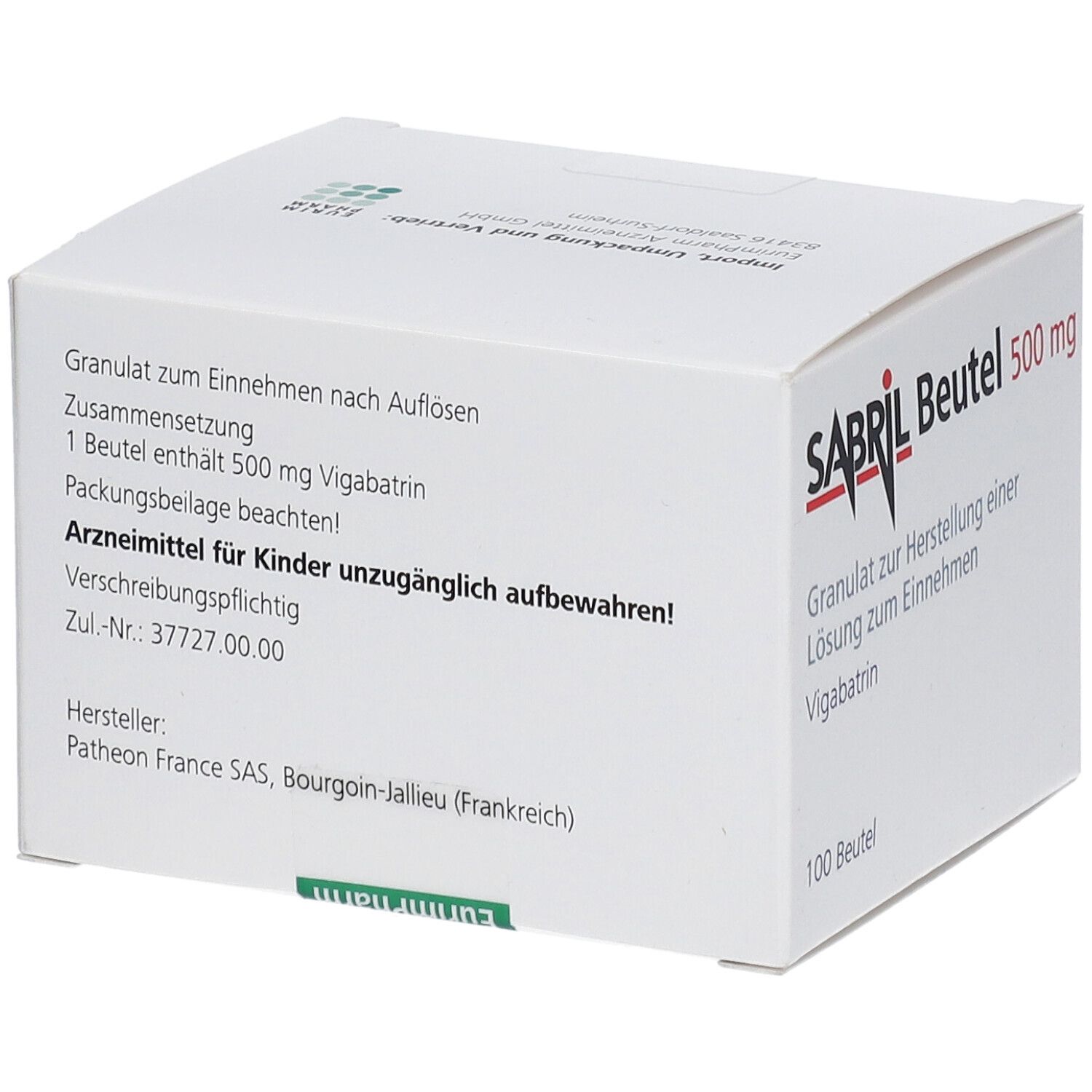 Weißer Karton mit SABRIL Beutel 500 mg. Aufschrift: 100 Beutel. Text: Granulat zur Herstellung einer Lösung. EurimPharm Logo.