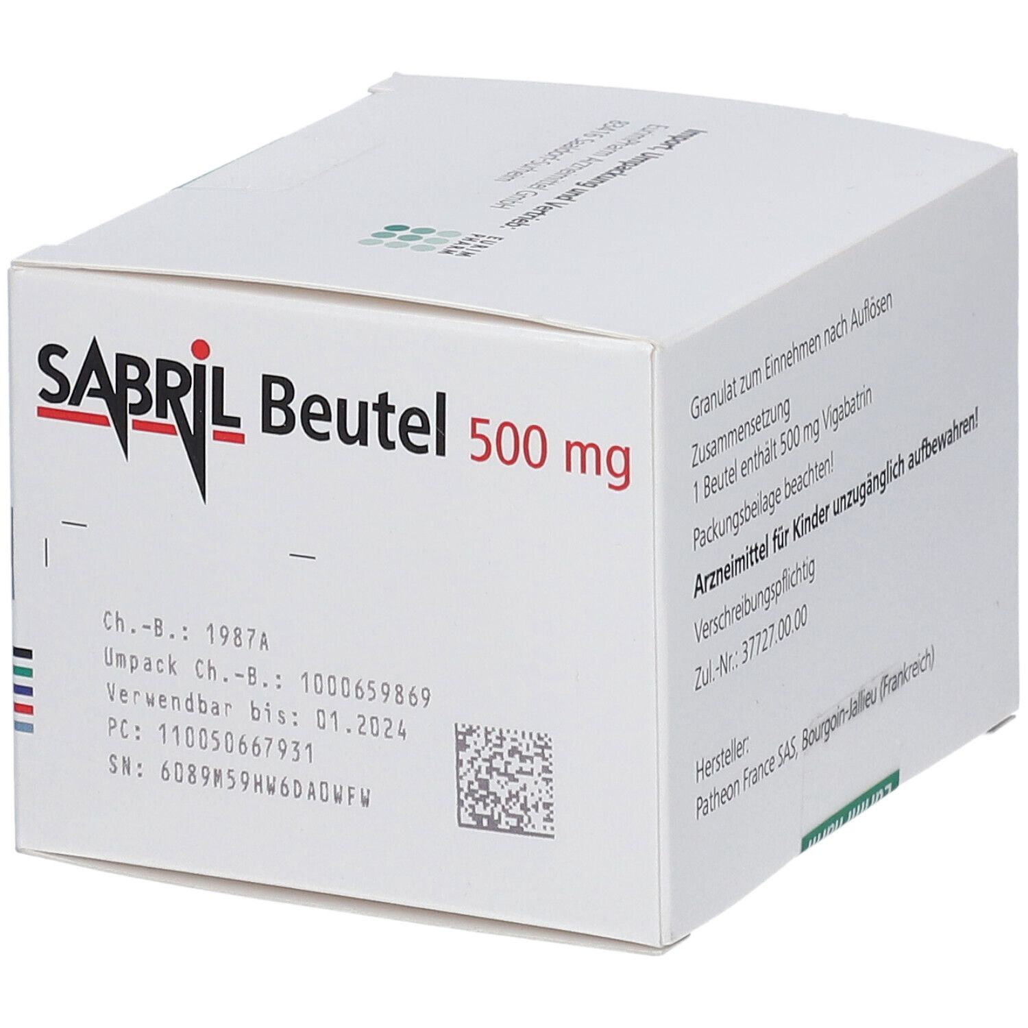 Weißer Karton mit SABRIL Beutel 500 mg. Aufschrift: 100 Beutel. Text: Granulat zur Herstellung einer Lösung. EurimPharm Logo.