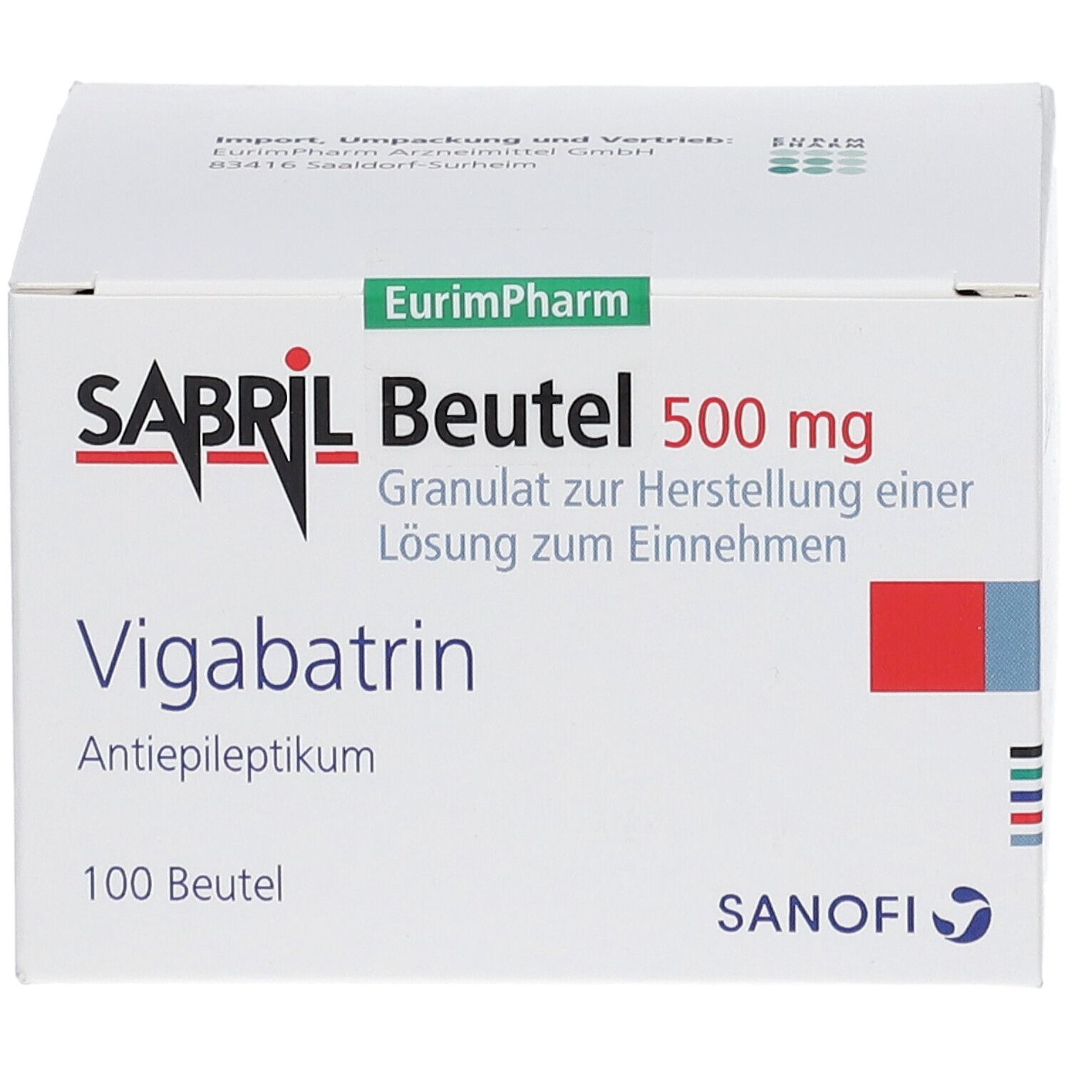 Weißer Karton mit SABRIL Beutel 500 mg. Aufschrift: Vigabatrin, 100 Beutel. Sanofi Logo. EurimPharm Logo.