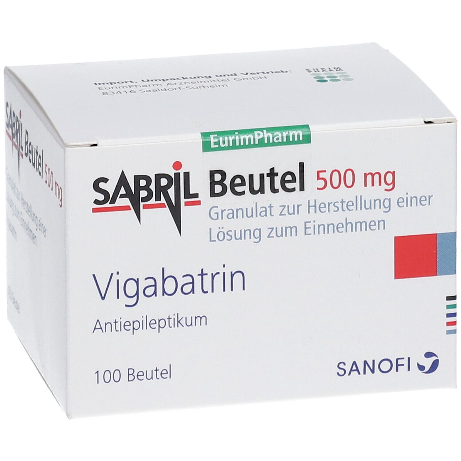 Weißer Karton mit SABRIL Beutel 500 mg. Aufschrift: Vigabatrin, 100 Beutel. Sanofi Logo. EurimPharm Logo.