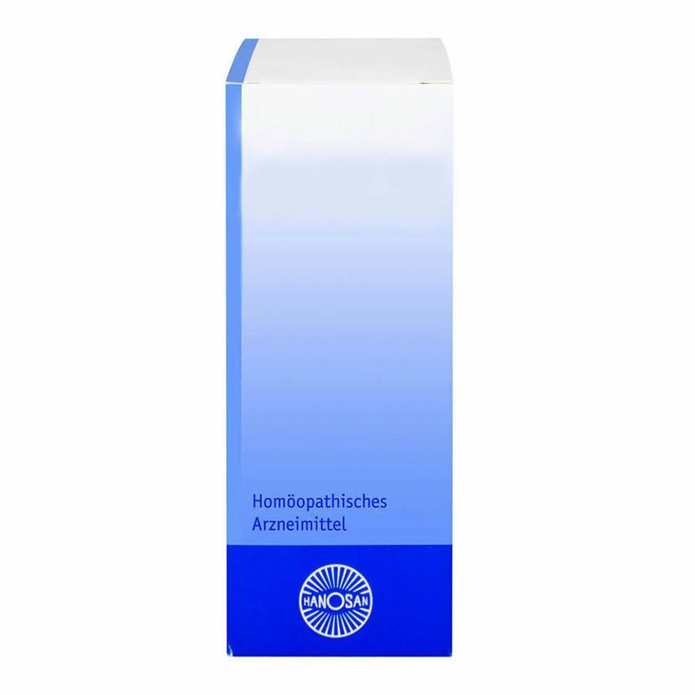 Schachtel mit blau-weißem Farbverlauf. Aufschrift: Homöopathisches Arzneimittel. Logo: HANOSAN.
