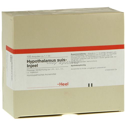 Beige Kartonverpackung mit rotem Streifen. Beschriftung: Hypothalamus suis-Injeel, 100 Ampullen. Marke: Heel. Homöopathisches Arzneimittel.