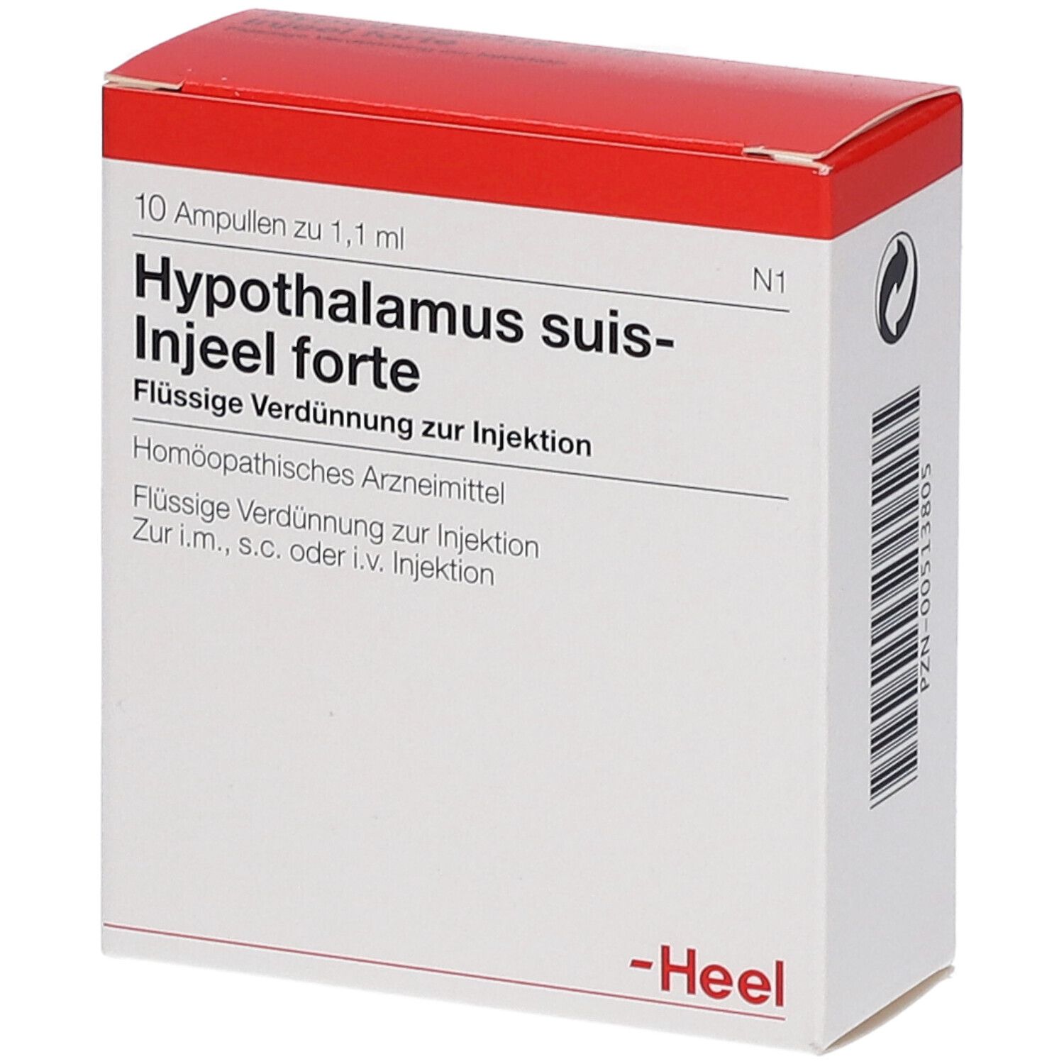 Karton mit 10 Ampullen. Aufschrift: Hypothalamus suis-Injeel forte. Roter Deckel, weißer Karton. Marke: Heel.