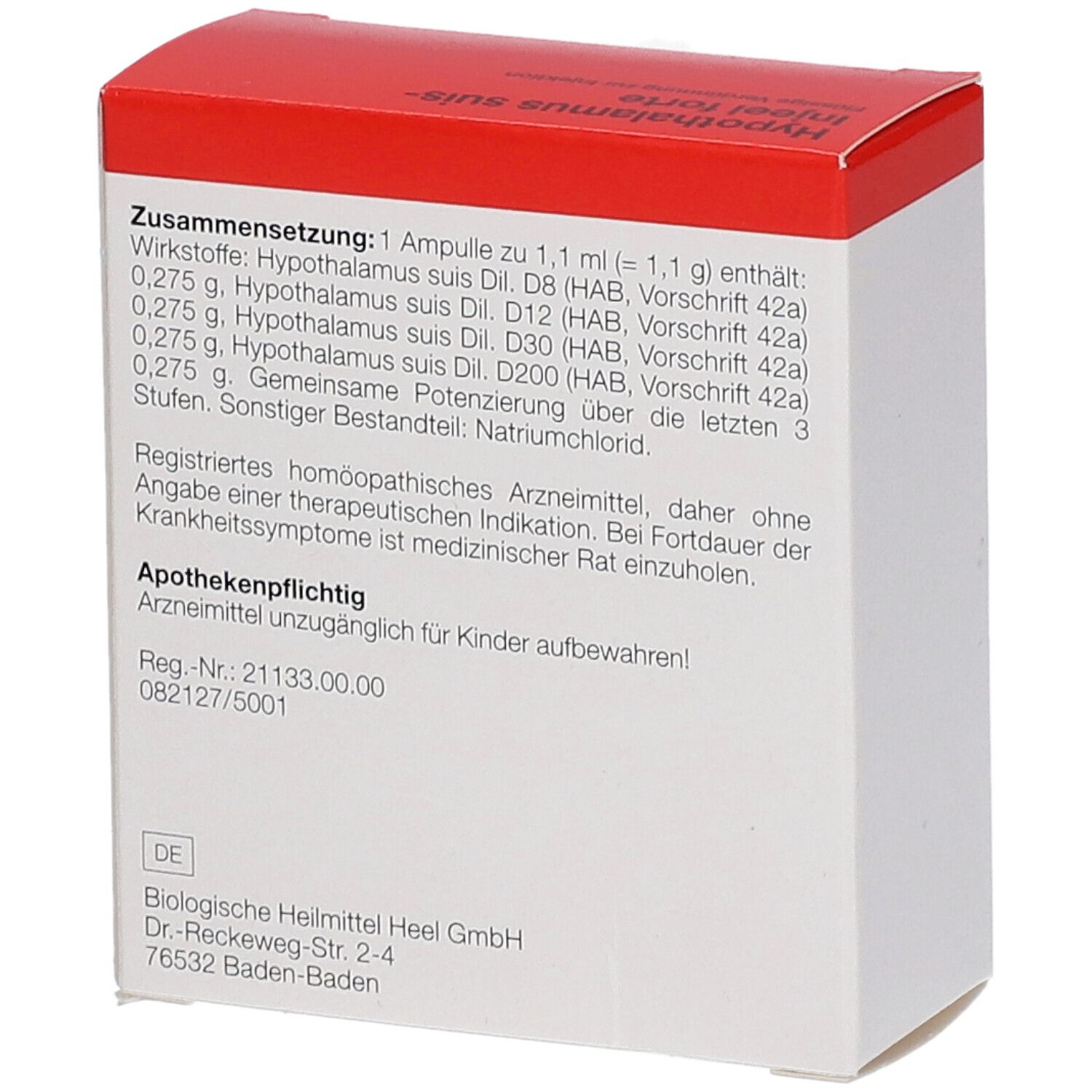 Rückseite der Kartonverpackung. Text über Inhaltsstoffe und Hersteller. Marke: Heel. Apothekenpflichtig.