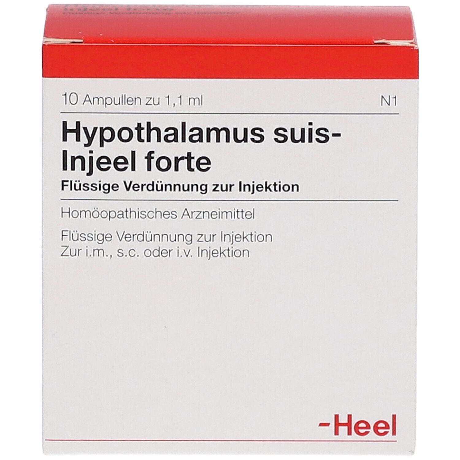 Karton mit 10 Ampullen. Aufschrift: Hypothalamus suis-Injeel forte. Roter Deckel, weißer Karton. Marke: Heel.