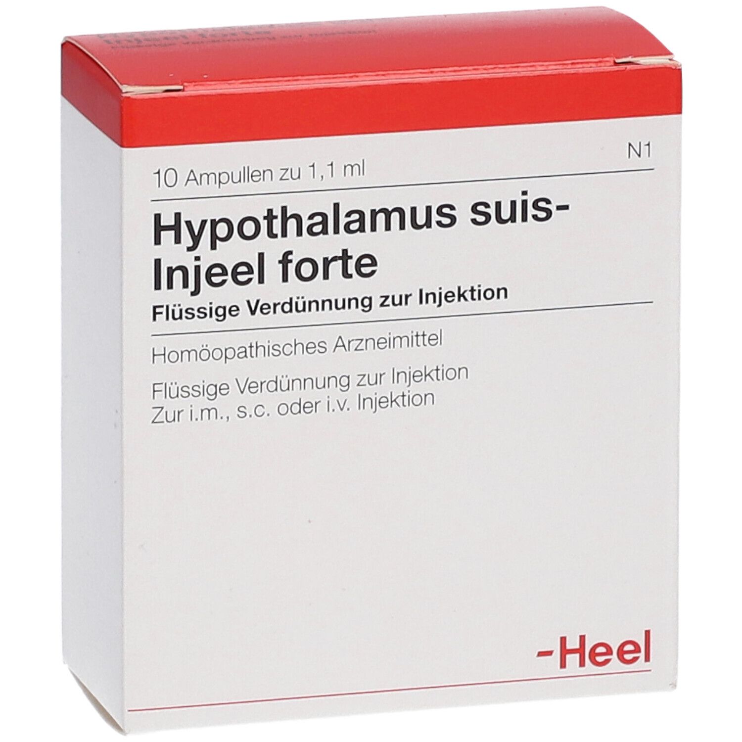 Karton mit 10 Ampullen. Aufschrift: Hypothalamus suis-Injeel forte. Roter Deckel, weißer Karton. Marke: Heel.