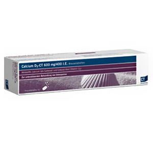 Schachtel mit Aufschrift Calcium D3-CT 600 mg/400 I.E. Brausetabletten. Lila und blaue Streifen.