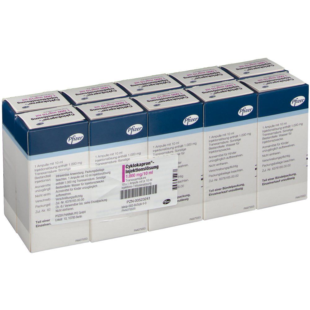 Mehrere Schachteln CYKLOKAPRON Injektionslösung. Verpackung mit blau-weißem Design, rosa Akzenten und Pfizer-Logo. Text auf Deutsch.