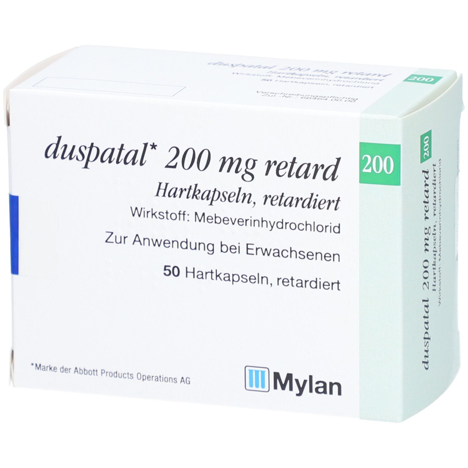 Weiße Schachtel mit Aufschrift 'duspatal* 200 mg retard'. Enthält 50 Hartkapseln. Mylan-Logo.