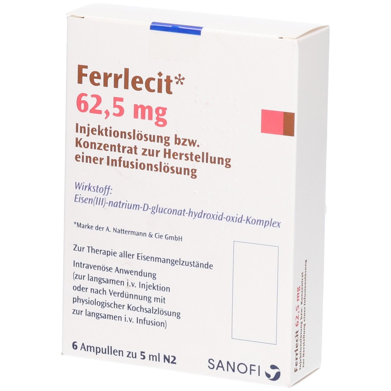 Ferrlecit 62,5 mg Injektionslösung: Packung mit 6 Ampullen zu 5 ml. Enthält Eisen(III)-natrium-D-gluconat-hydroxid-oxid-Komplex.