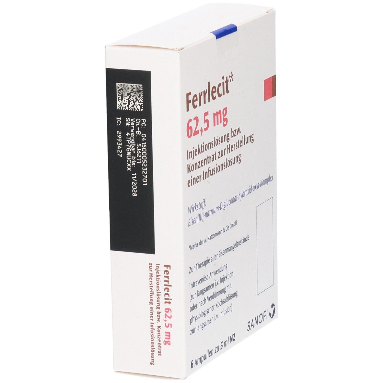 Ferrlecit 62,5 mg Injektionslösung: Rückseite der Packung mit Barcode und Chargennummer. Enthält Eisen(III)-natrium-D-gluconat-hydroxid-oxid-Komplex.