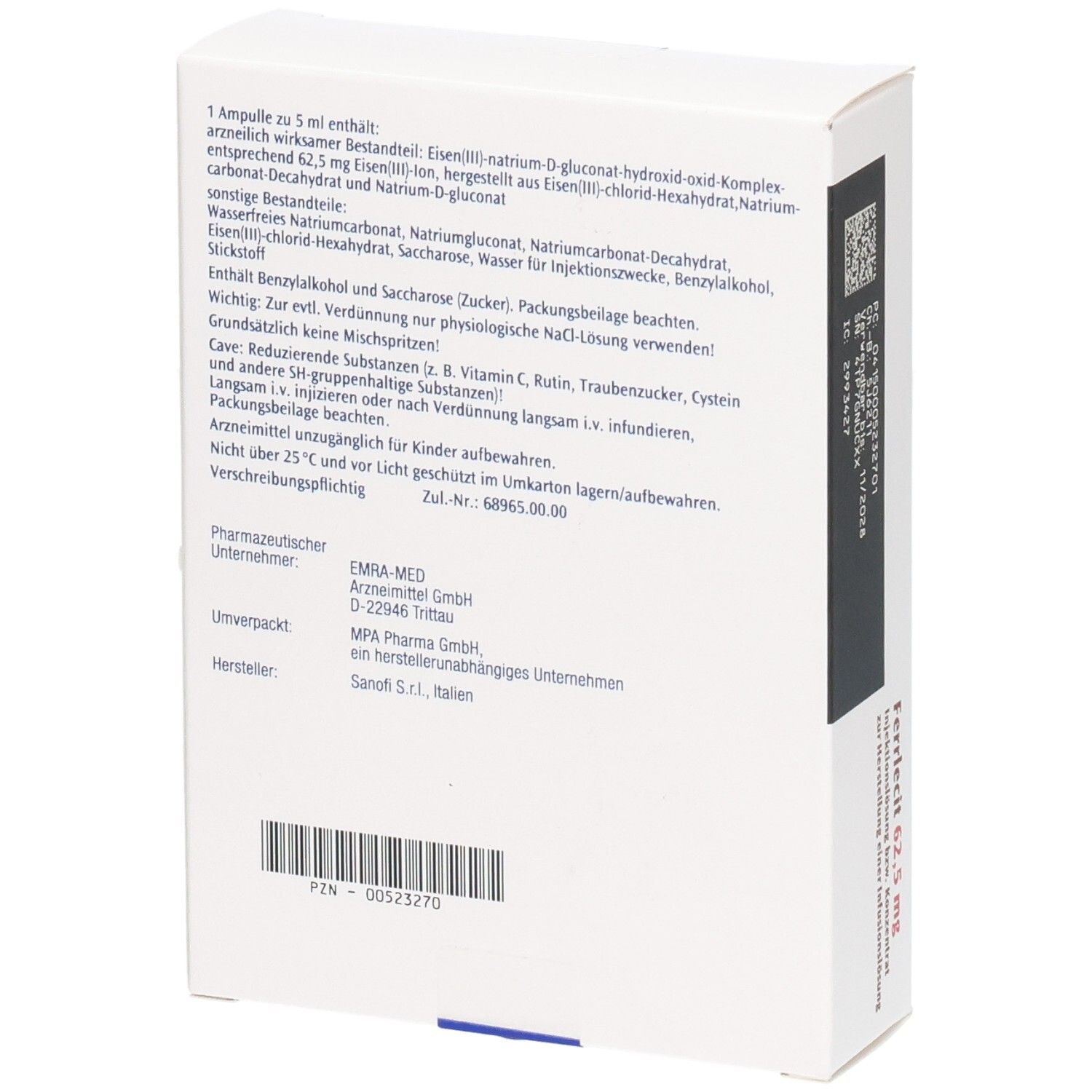 Ferrlecit 62,5 mg Injektionslösung: Seitenansicht der Packung mit detaillierten Anwendungsinformationen und Inhaltsstoffen.