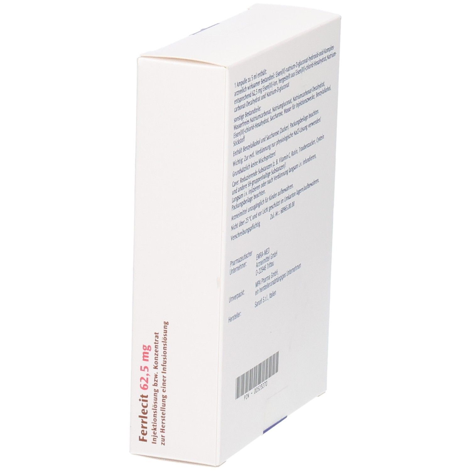 Ferrlecit 62,5 mg Injektionslösung: Seitenansicht der Packung mit Informationen zur Herstellung und Zulassungsnummer.