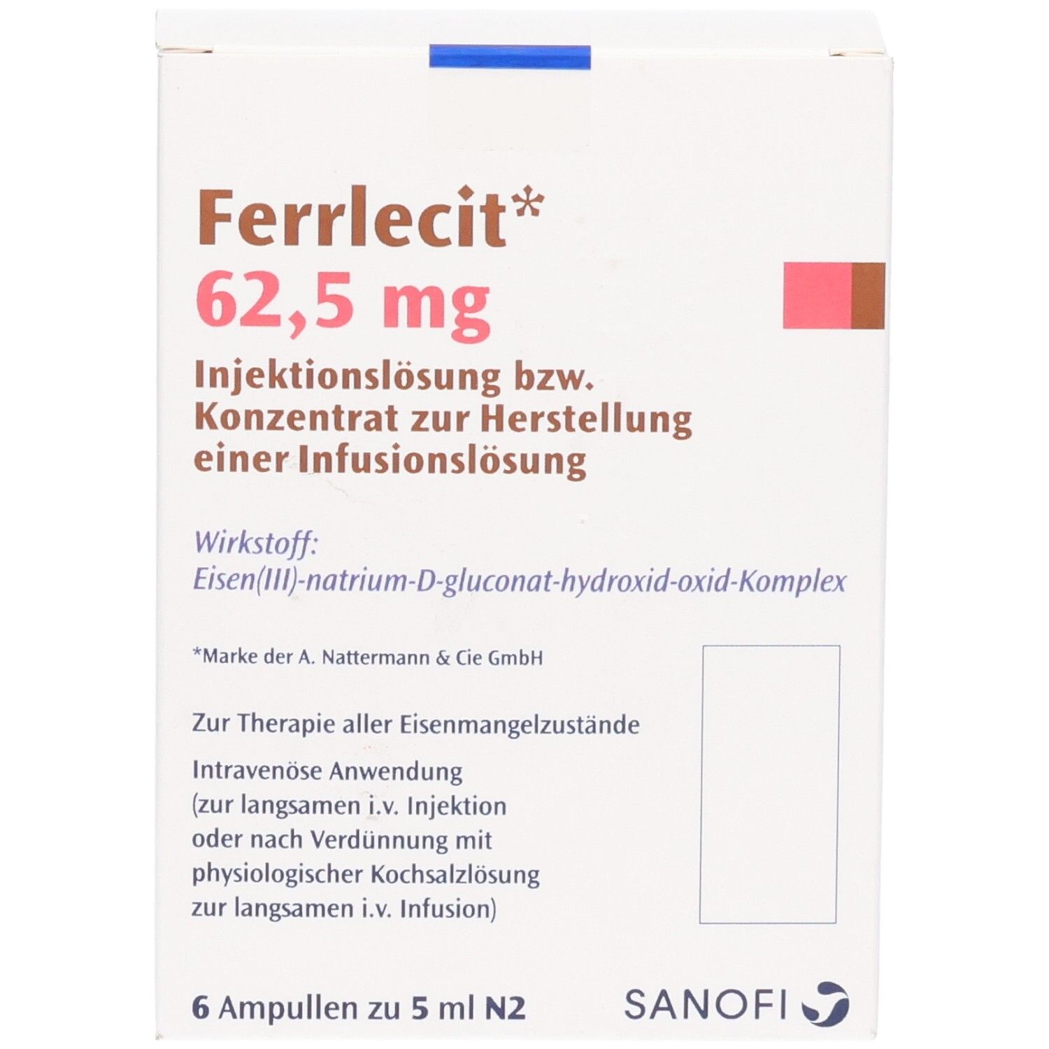 Ferrlecit 62,5 mg Injektionslösung: Vorderseite der Packung mit Dosierungsangabe und Wirkstoff.