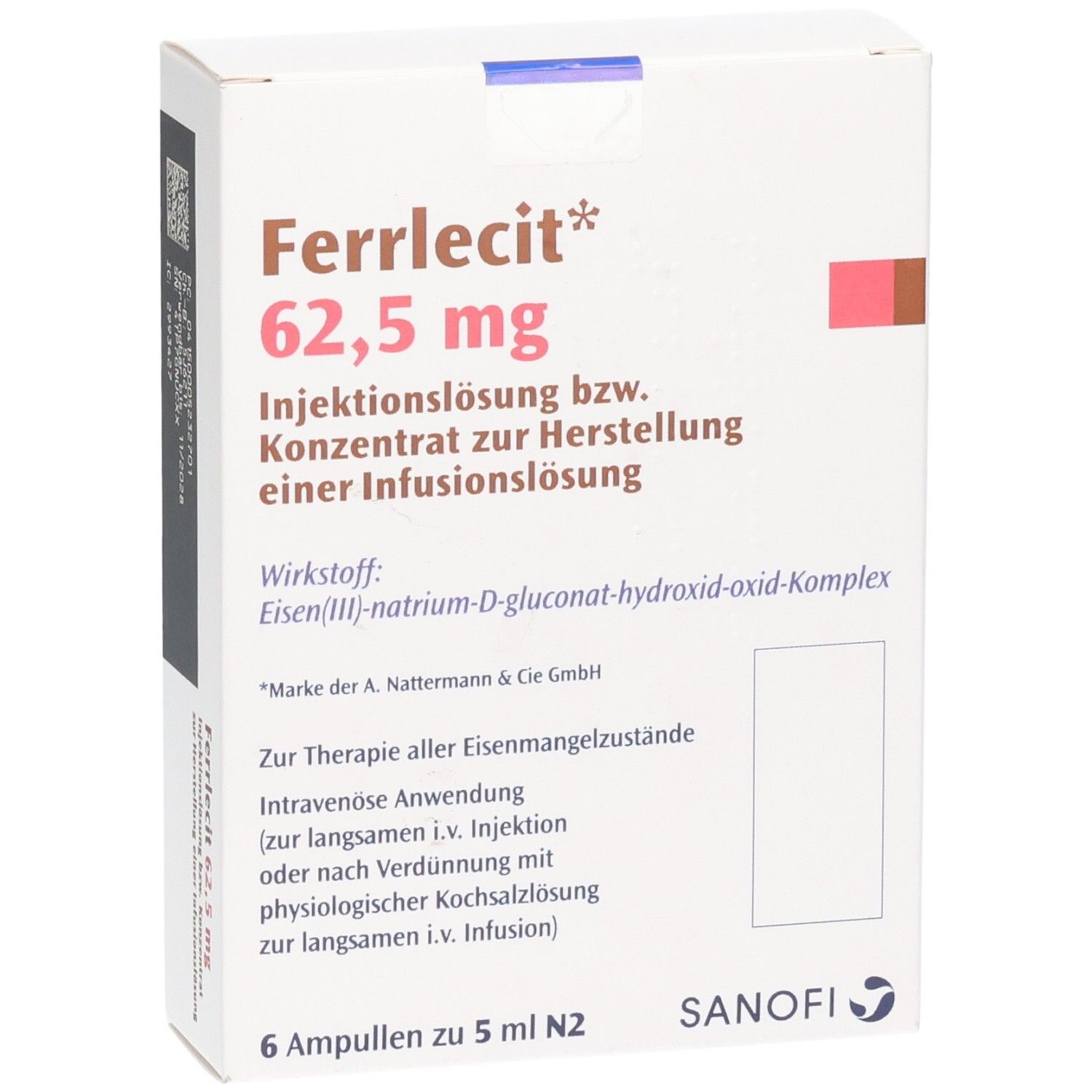 Ferrlecit 62,5 mg Injektionslösung: Packung mit 6 Ampullen zu 5 ml. Enthält Eisen(III)-natrium-D-gluconat-hydroxid-oxid-Komplex.