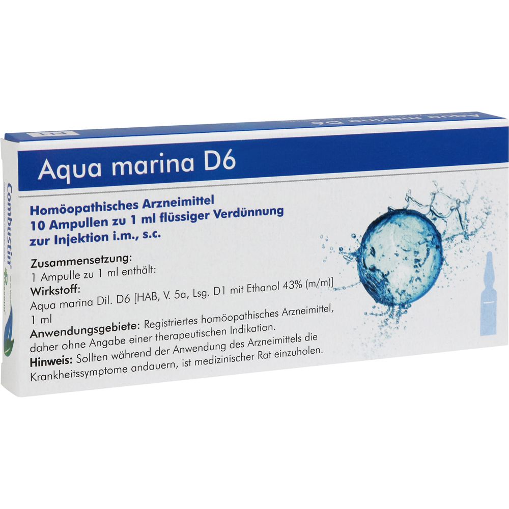 Packung Aqua marina D6, 10 Ampullen zu je 1 ml flüssiger Verdünnung zur Injektion.