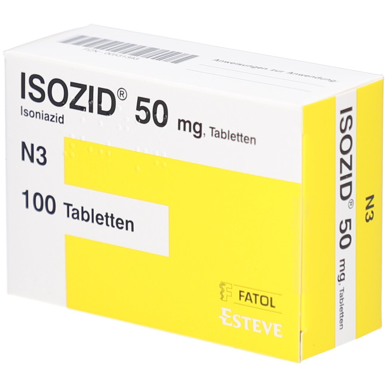 ISOZID® 50 mg Tabletten-Packung. Weiße Schachtel mit gelber Fläche. Aufdruck: ISOZID®, 50 mg, N3, 100 Tabletten.