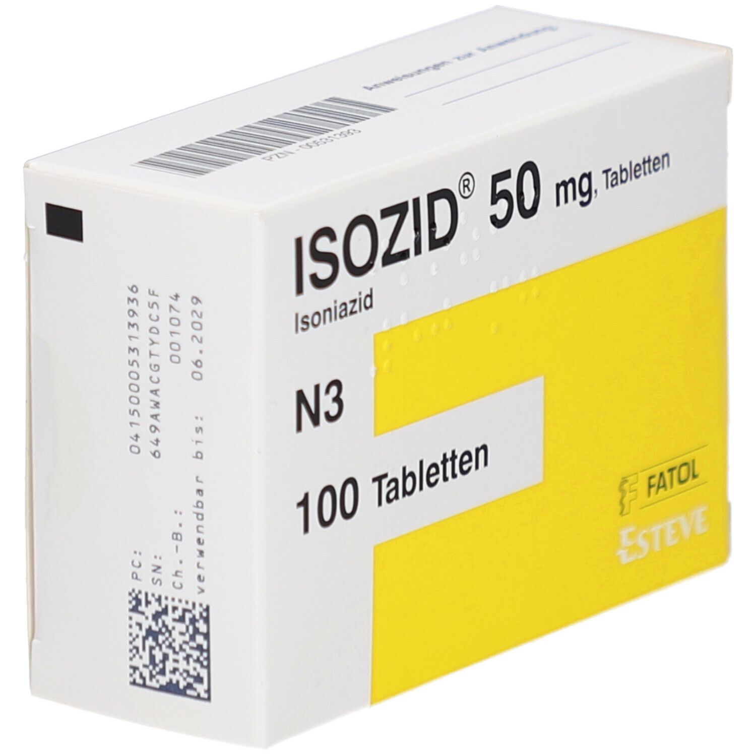 ISOZID® 50 mg Tabletten-Packung. Weiße Schachtel mit gelber Fläche. Aufdruck: ISOZID®, 50 mg, N3, 100 Tabletten. QR-Code.