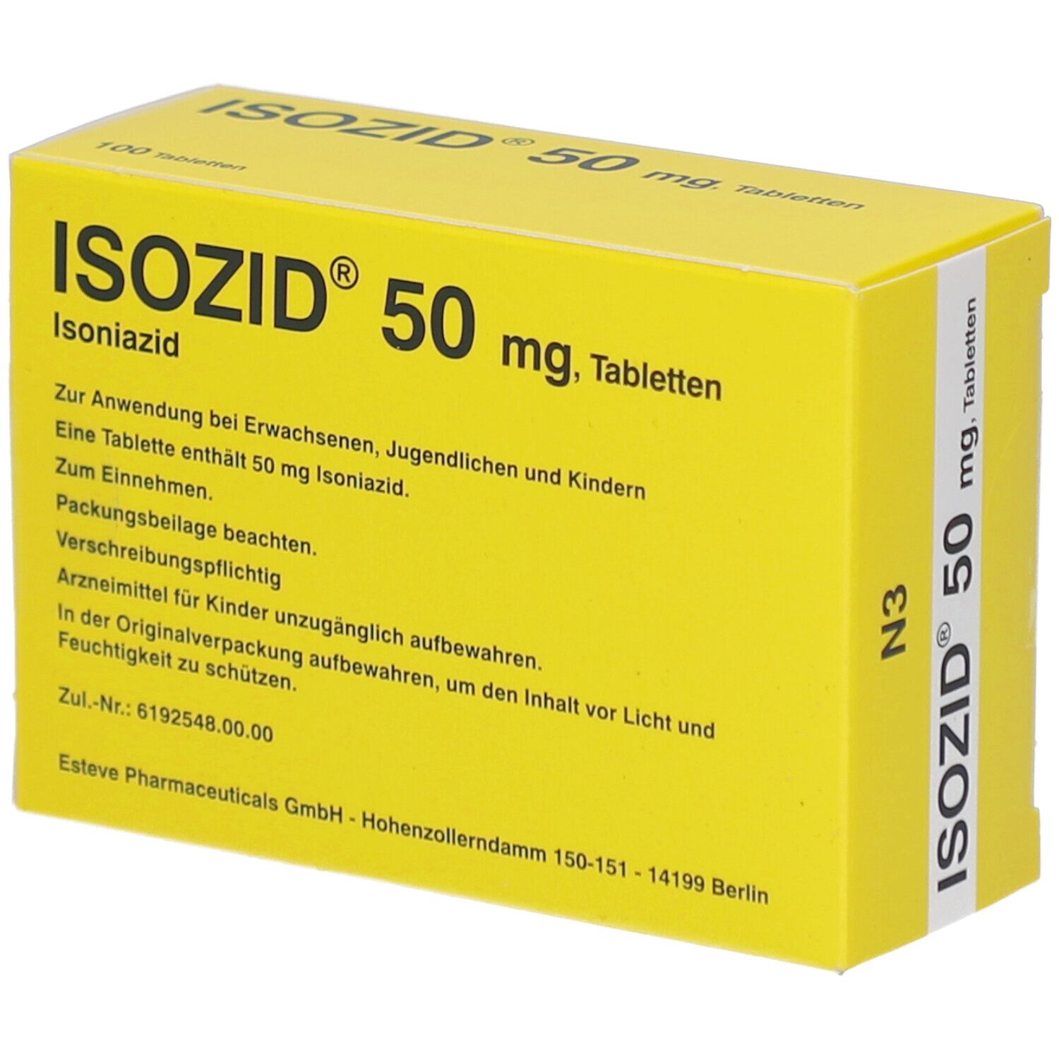 ISOZID® 50 mg Tabletten-Packung. Gelbe Schachtel mit Text. Aufdruck: ISOZID®, 50 mg, N3, 100 Tabletten. Herstellerinformationen.