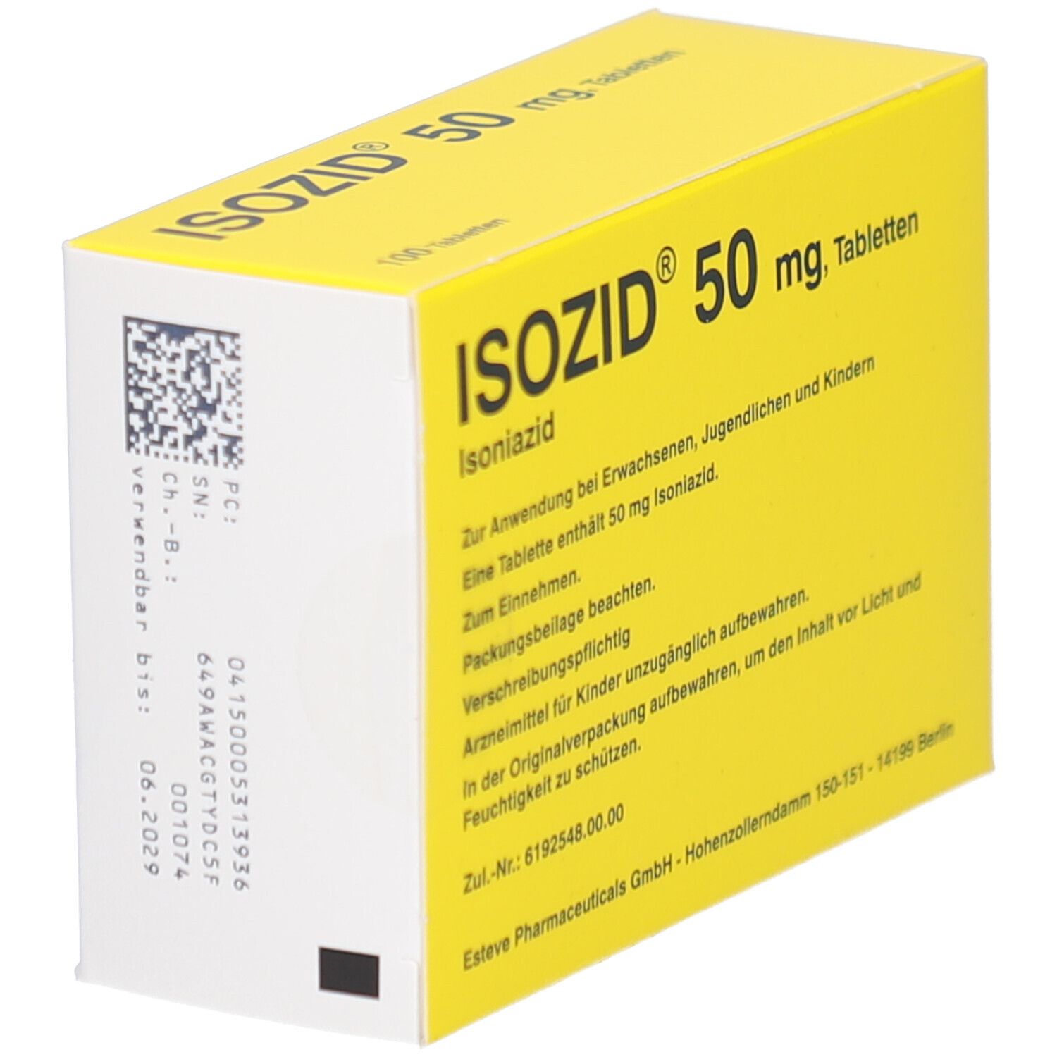 ISOZID® 50 mg Tabletten-Packung. Gelbe Schachtel mit Text. Aufdruck: ISOZID®, 50 mg, N3, 100 Tabletten. QR-Code und Herstellerinformationen.