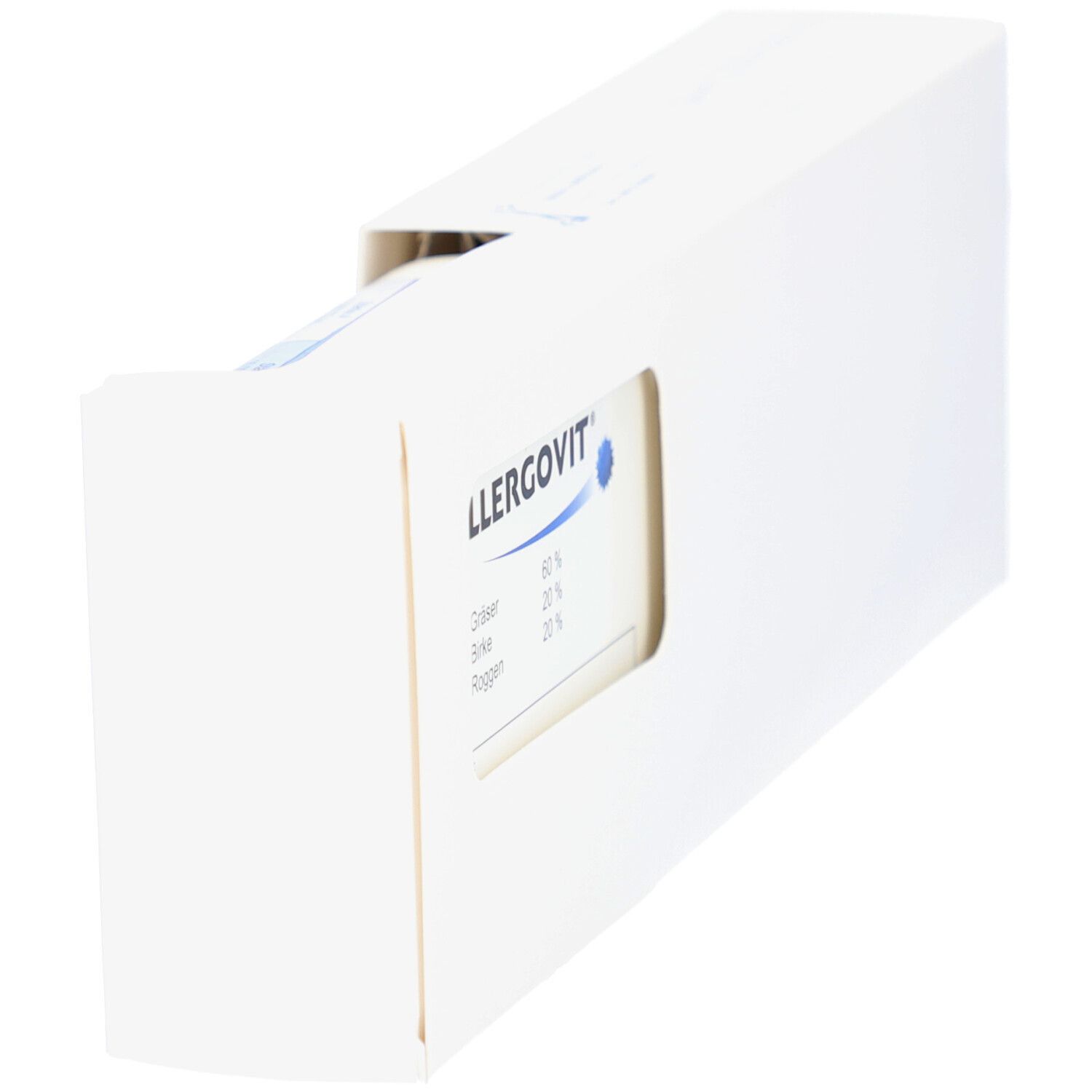 Weiße Verpackung, teilweise geöffnet. ALLERGOVIT-Logo und Angaben zu Gräsern, Birke und Roggen. Sichtfenster.
