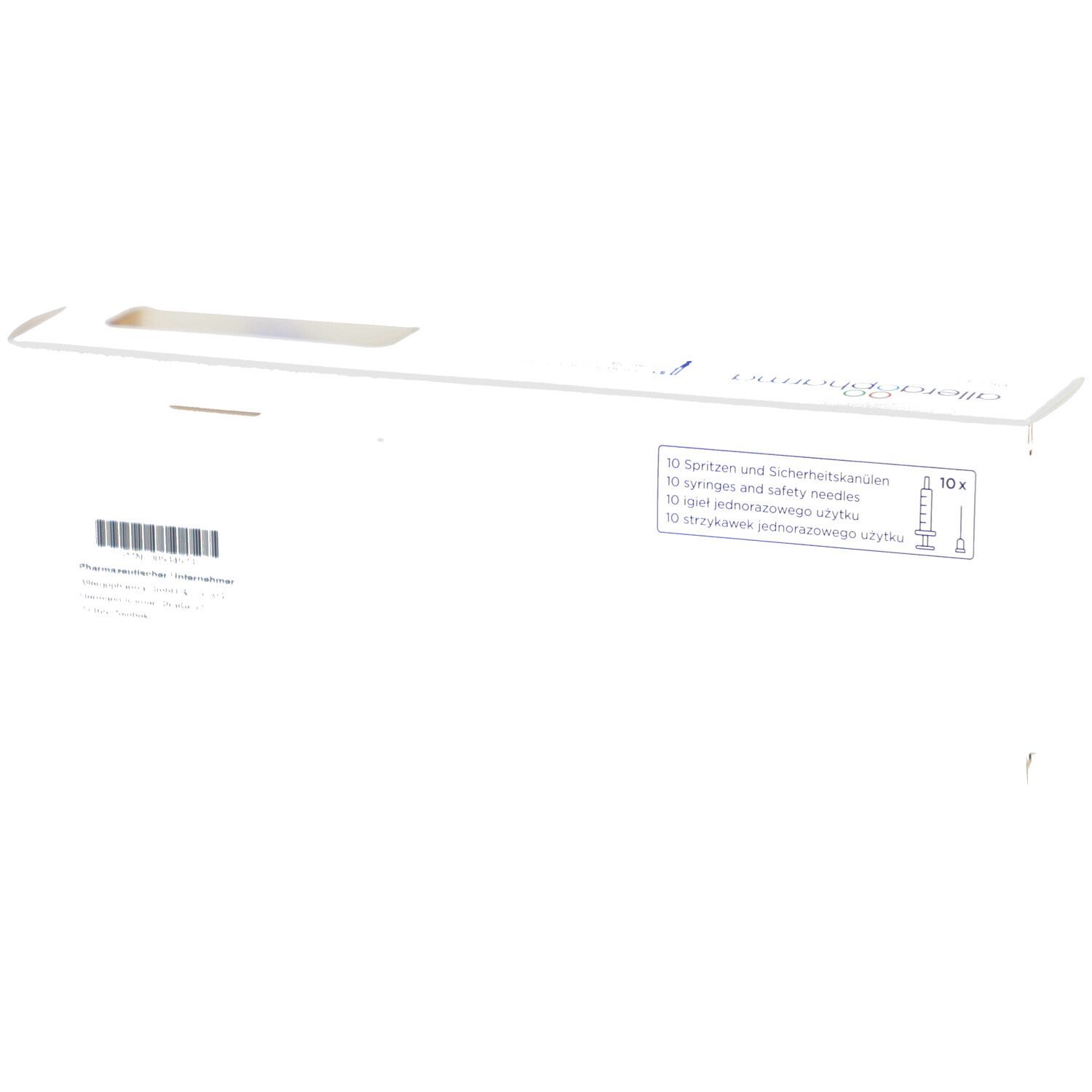 Weiße Verpackung mit Text und Barcode. Enthält 10 Spritzen und Sicherheitsnadeln. Text in Deutsch und Polnisch.