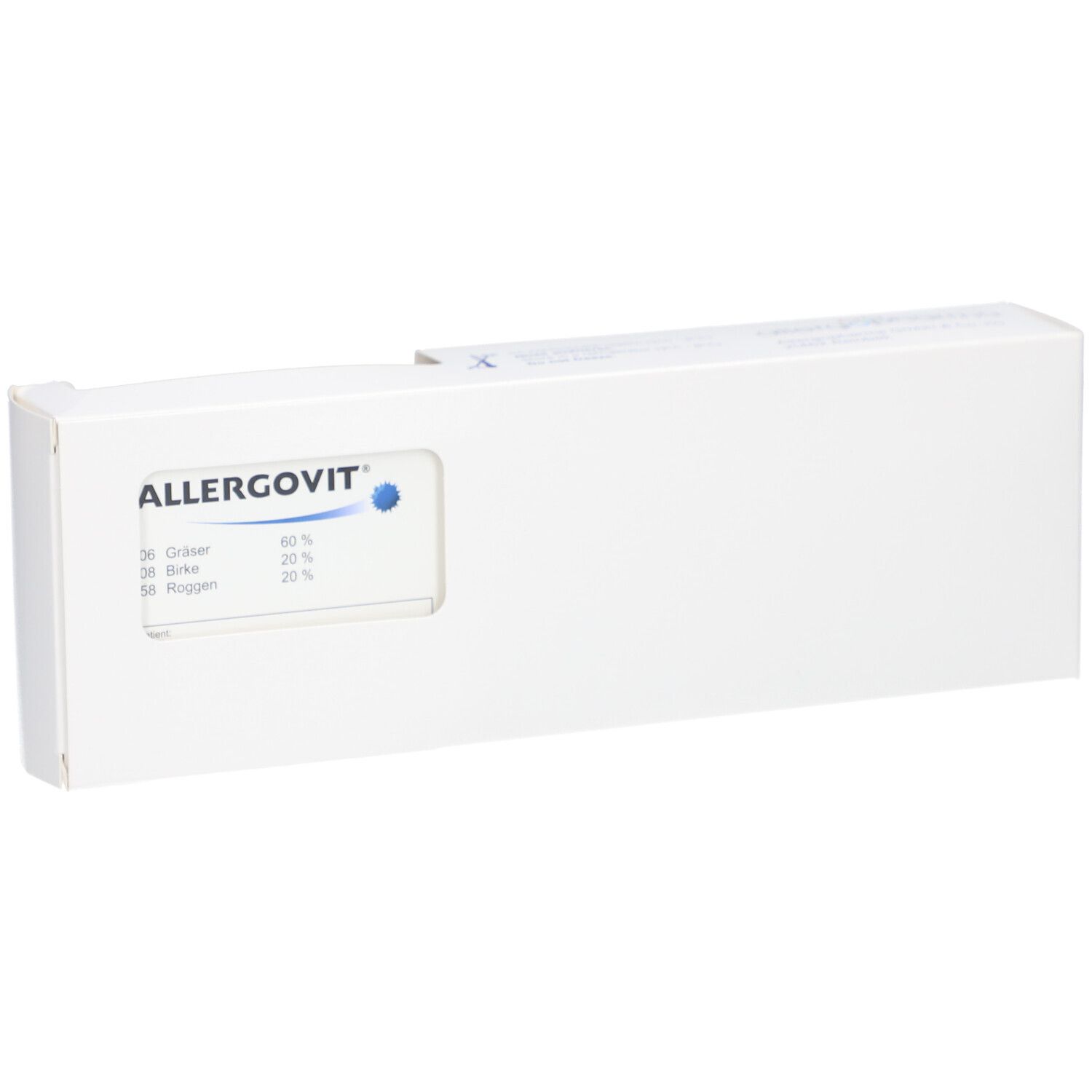 Weiße Verpackung mit ALLERGOVIT-Logo und Angaben zu Gräsern, Birke und Roggen. Sichtfenster.