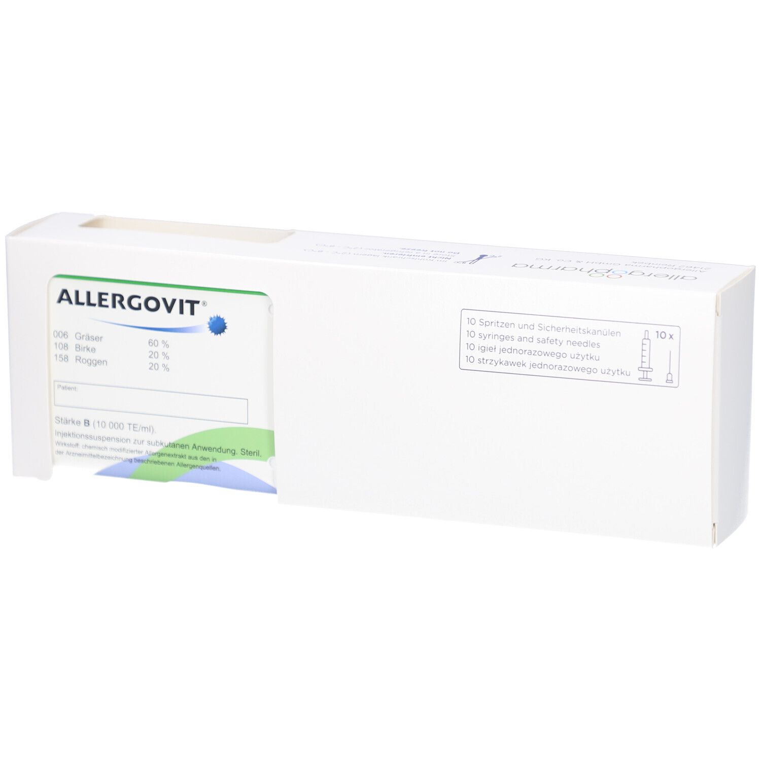 Weiße Verpackung mit Produktinformationen. ALLERGOVIT-Logo und Inhaltsstoffe. Enthält 10 Spritzen.