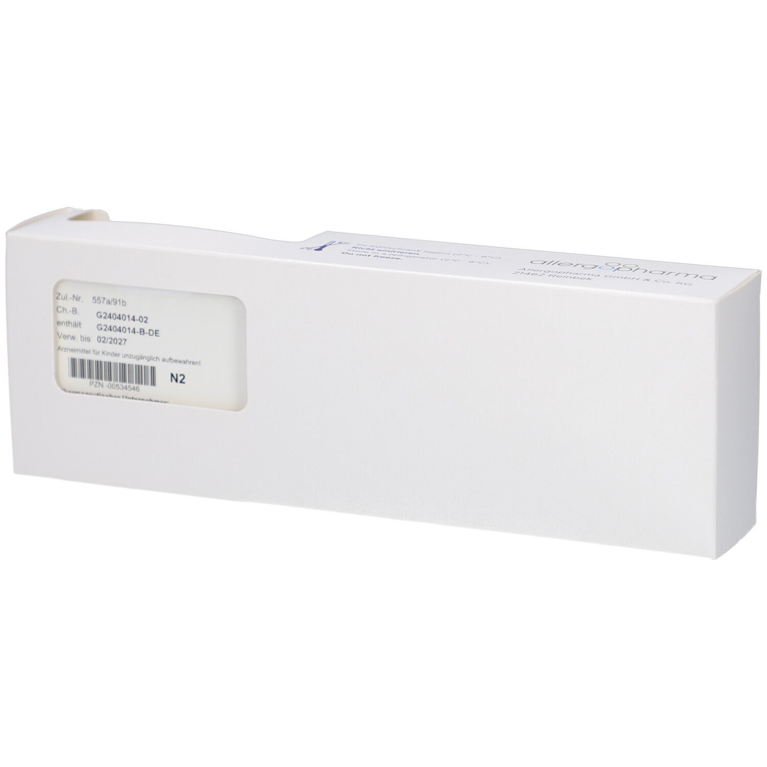 Weiße, rechteckige Verpackung mit Fenster. Produktinformationen und Barcode sichtbar.
