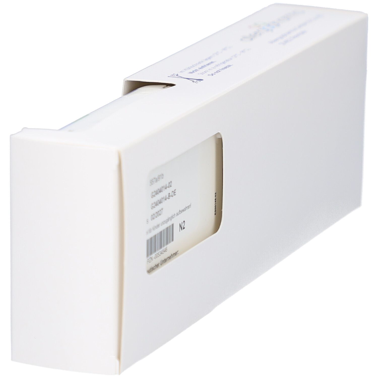 Weiße Verpackung mit Fenster, teilweise geöffnet. Produktinformationen sichtbar.