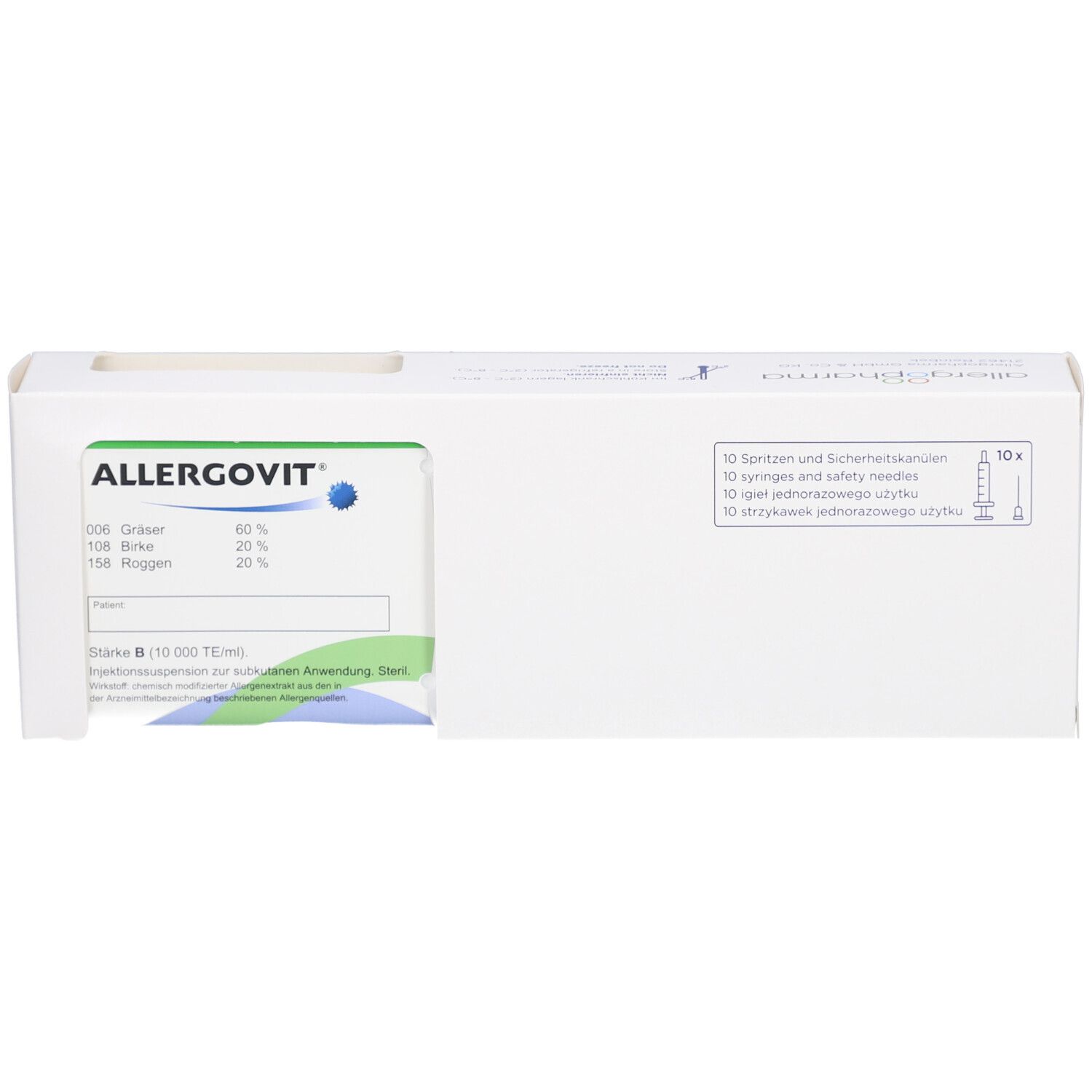 Weiße Verpackung mit ALLERGOVIT-Logo und Produktinformationen. Enthält 10 Spritzen.