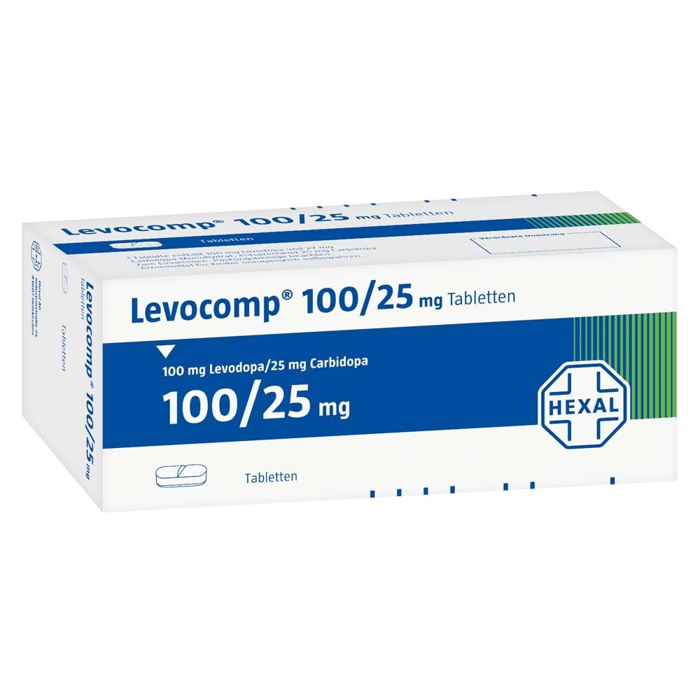 Verpackung von Levocomp® 100/25 mg Tabletten. Weißer Karton mit blauer Beschriftung. Hexal-Logo.