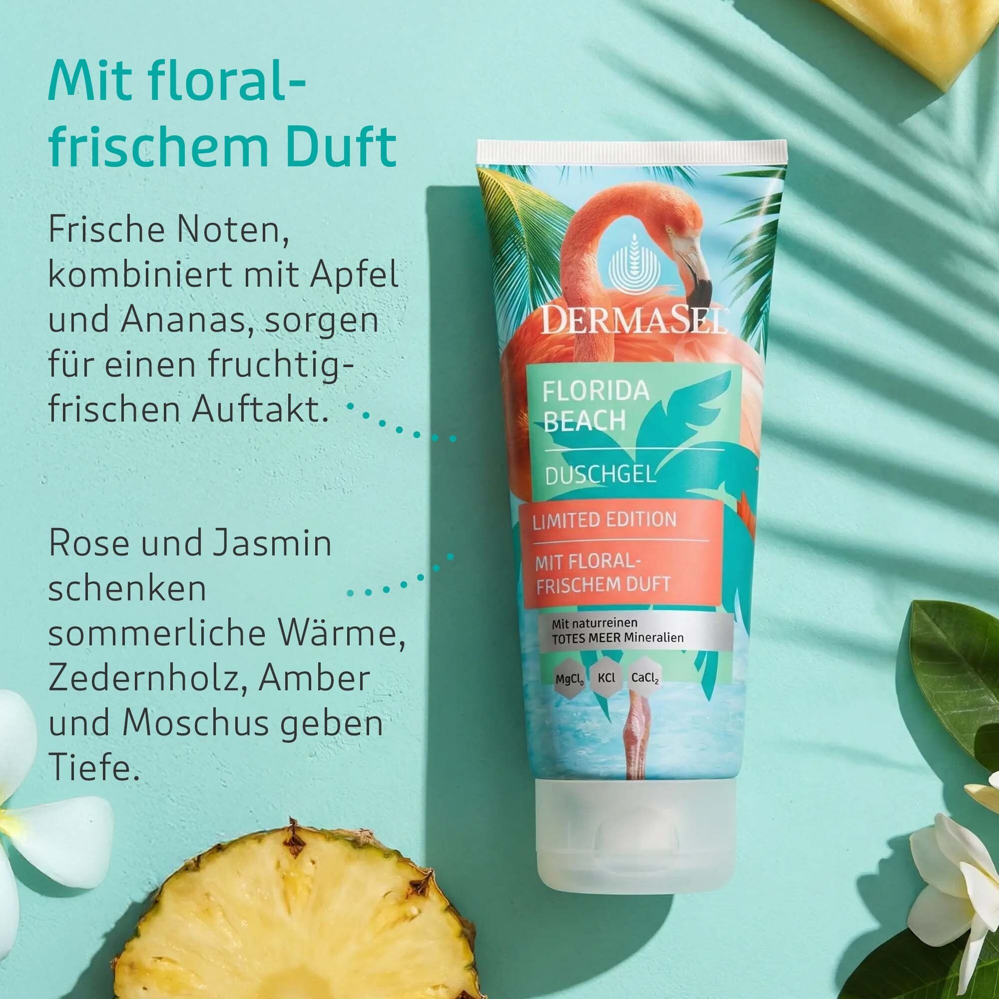 Duschgel-Tube mit Flamingo-Motiv. Text: Florida Beach, Limited Edition, mit floral-frischem Duft. Zusätzlicher Text über Duftnoten.