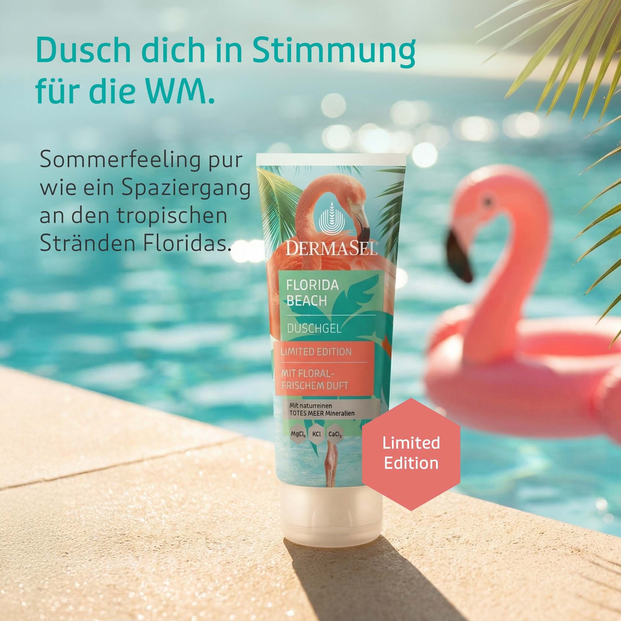 Duschgel-Tube am Pool. Text: Florida Beach, Limited Edition. Flamingo-Figur im Wasser. Text: Limited Edition in einem Sechseck.