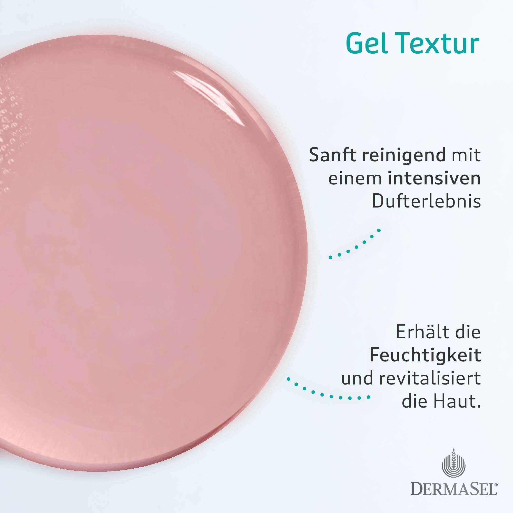 Rosa Gel Textur. Text: Sanft reinigend mit einem intensiven Dufterlebnis. Erhält die Feuchtigkeit und revitalisiert die Haut.