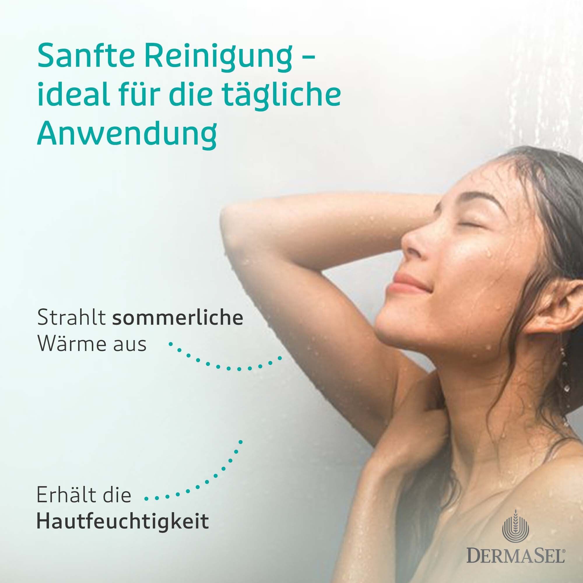 Frau unter der Dusche. Text: Sanfte Reinigung - ideal für die tägliche Anwendung. Erhält die Hautfeuchtigkeit.