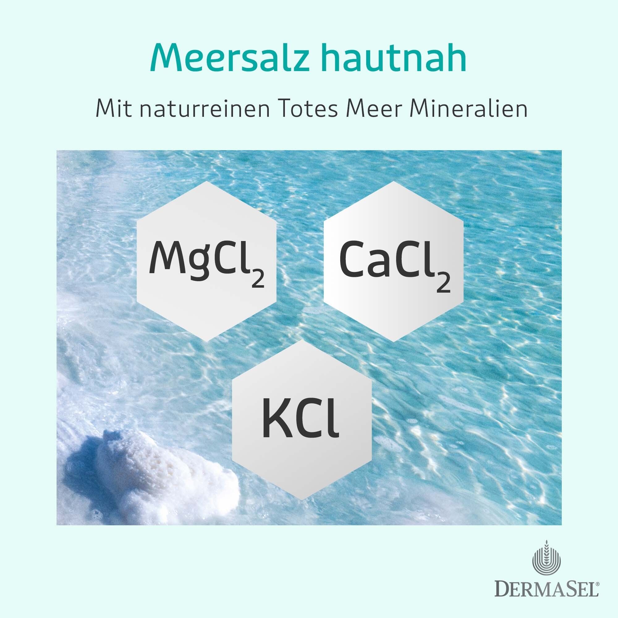 Text: Meersalz hautnah. Drei sechseckige Formen mit MgCl2, CaCl2 und KCl. Hintergrund: Wasser mit Salz.