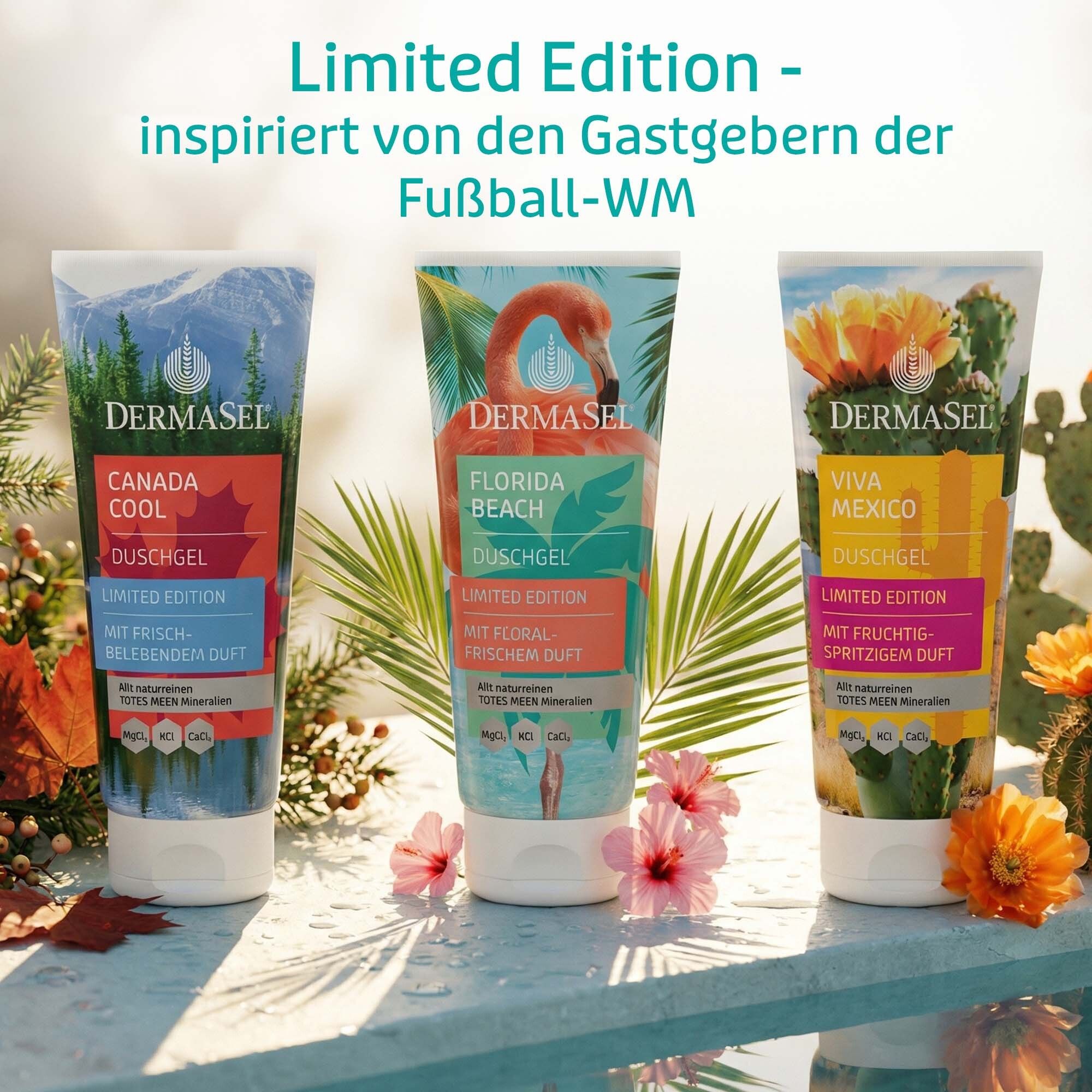 Drei Duschgel-Tuben: Canada Cool, Florida Beach, Viva Mexico. Text: Limited Edition. Mit floral-frischem Duft.