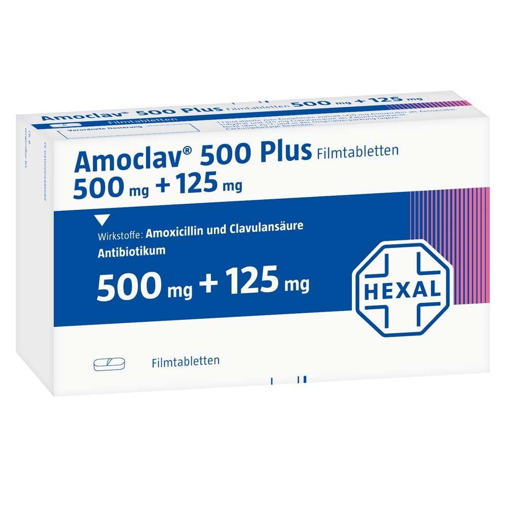 AMOCLAV 500 Plus Filmtabletten-Packung. Blaue und weiße Schachtel mit Produktnamen und Dosierung. HEXAL-Logo.