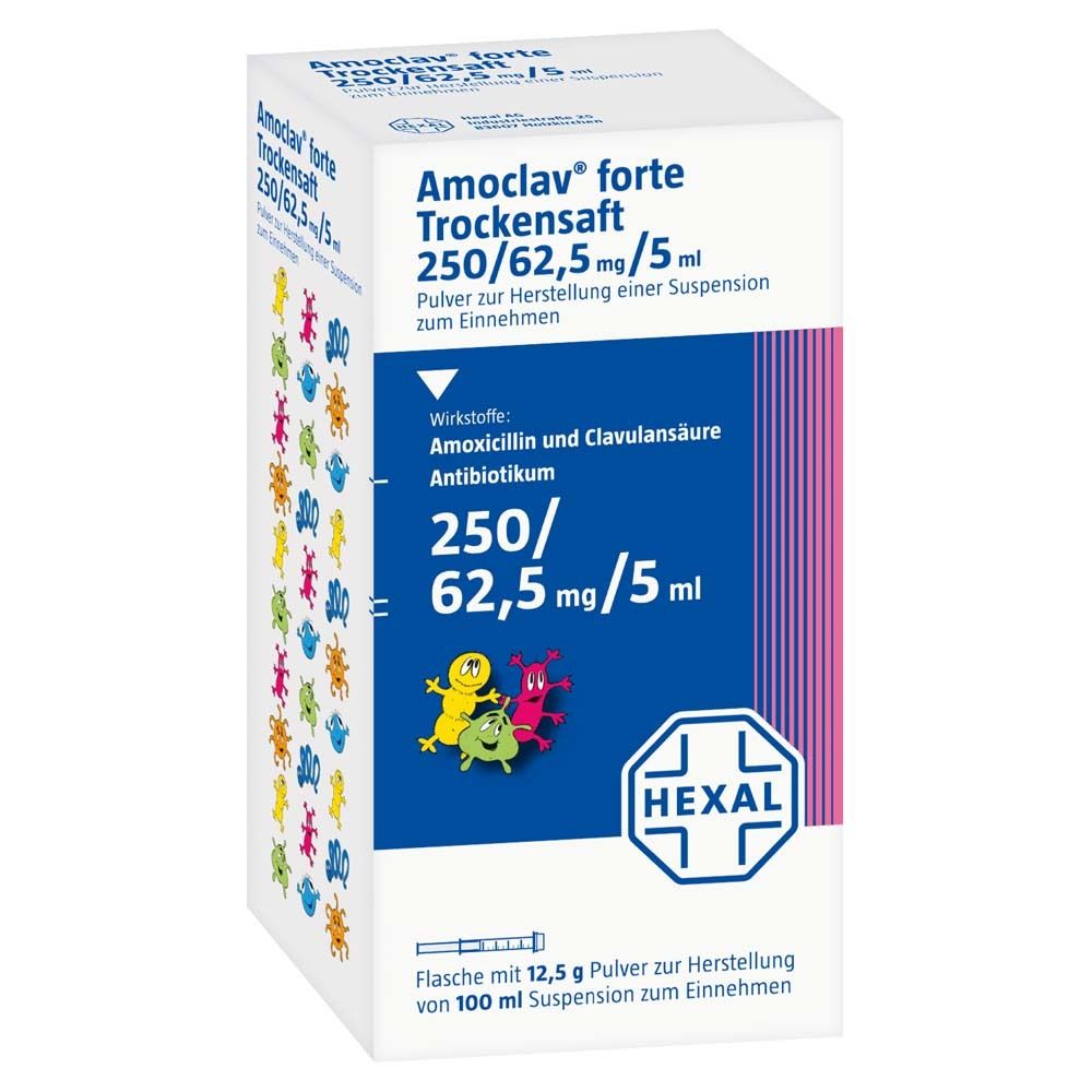Schachtel Amoclav® forte Trockensaft. Blaue Vorderseite mit Produktinformationen und kindlichen Figuren. Hexal-Logo.
