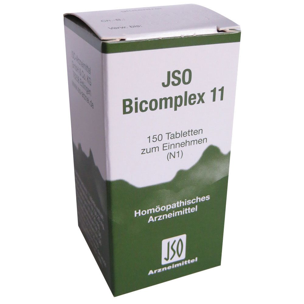 Weiß-grüne Schachtel mit Aufschrift 'JSO Bicomplex 11'. Enthält 150 Tabletten. Homöopathisches Arzneimittel.