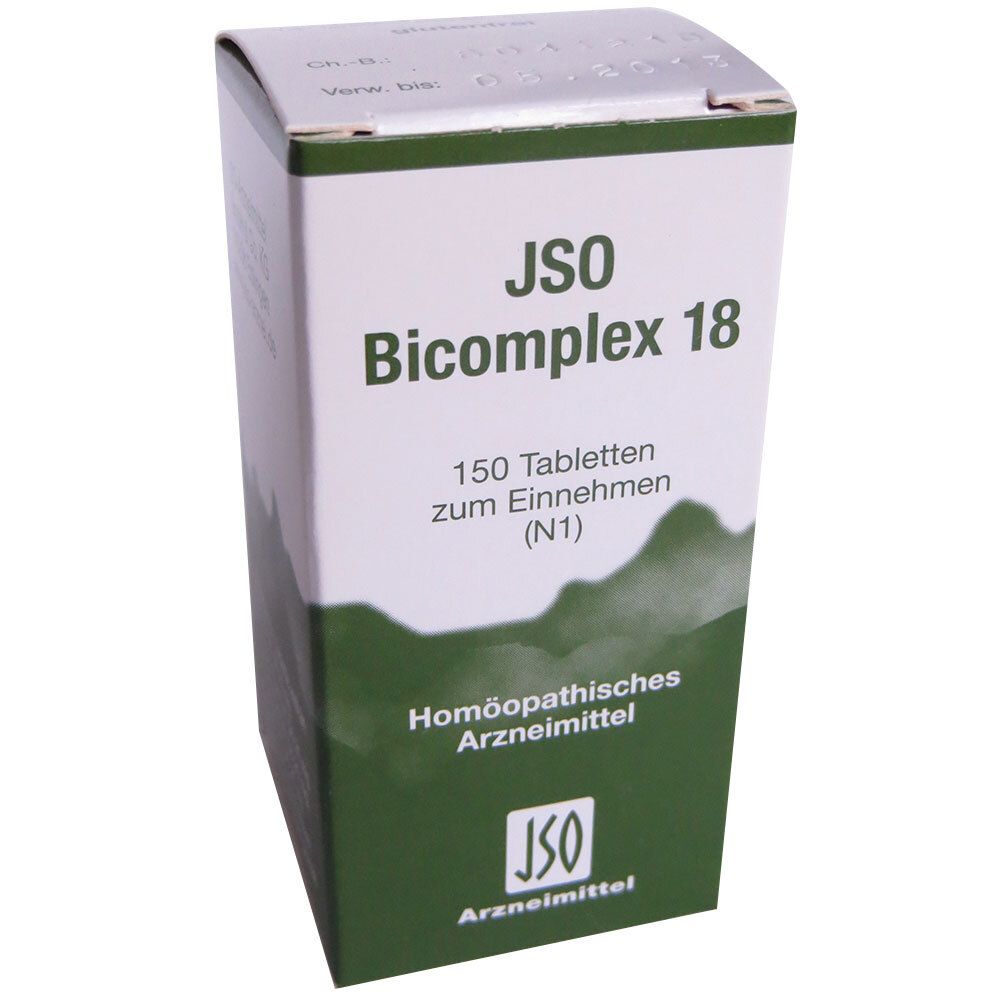 JSO Bicomplex 18-Verpackung. Weißer Karton mit grünen Akzenten. Text: 150 Tabletten, homöopathisches Arzneimittel.