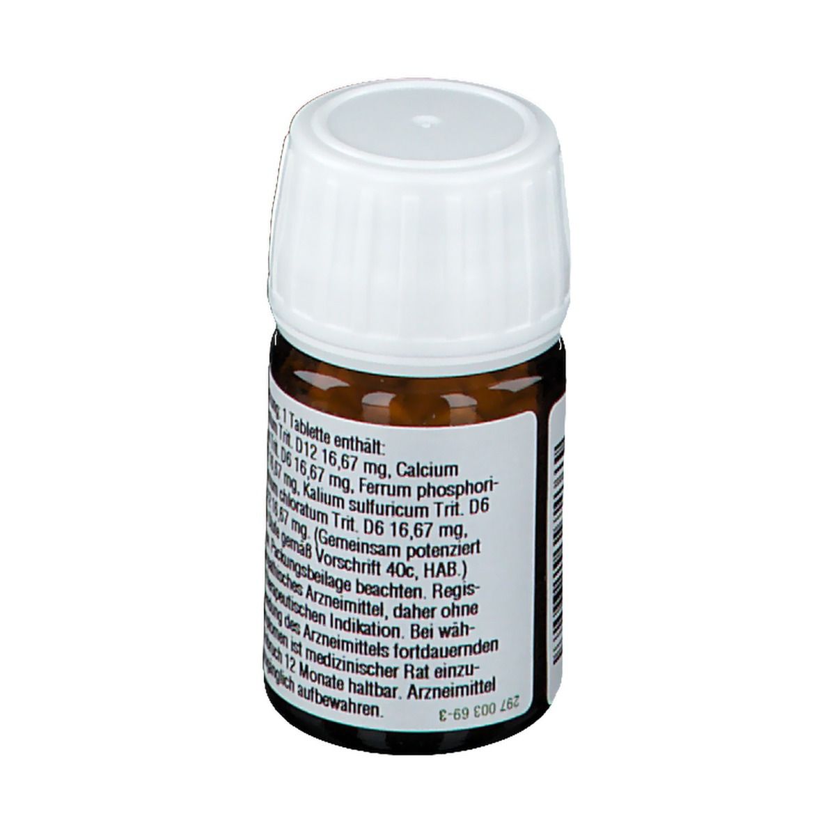 Braune Glasflasche mit weißem Deckel. Etikett mit Produktnamen, Nummer 29, und Text. ISO-Arzneimittel Logo. Detailansicht der Inhaltsstoffe.