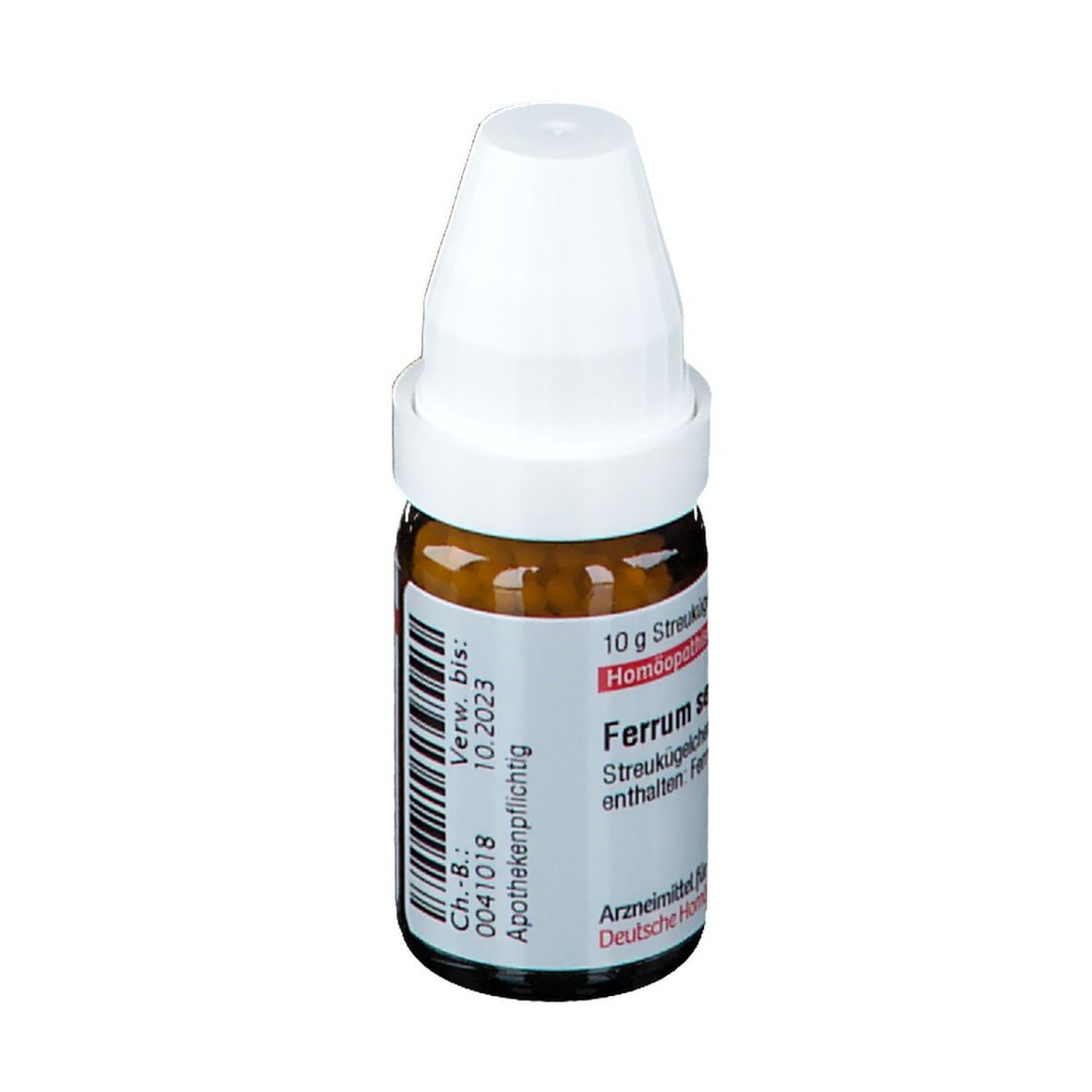 Braune Glasflasche mit weißem Deckel. Etikett mit Produktinformationen. Apothekenpflichtig.