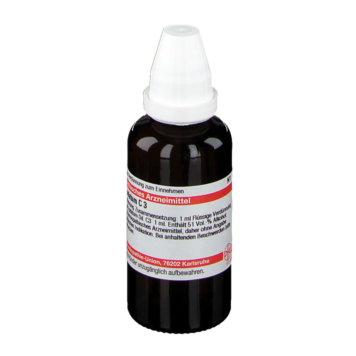 Braune Glasflasche mit weißem Deckel. Etikett mit Produktinformationen. Deutsche Homöopathie-Union.