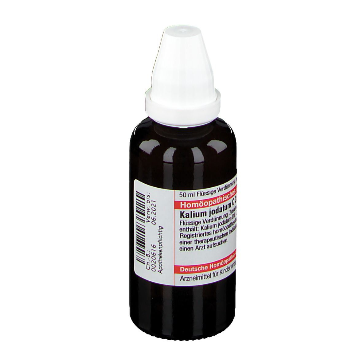 Braune Glasflasche mit weißem Deckel. Etikett mit Produktinformationen. Deutsche Homöopathie-Union.